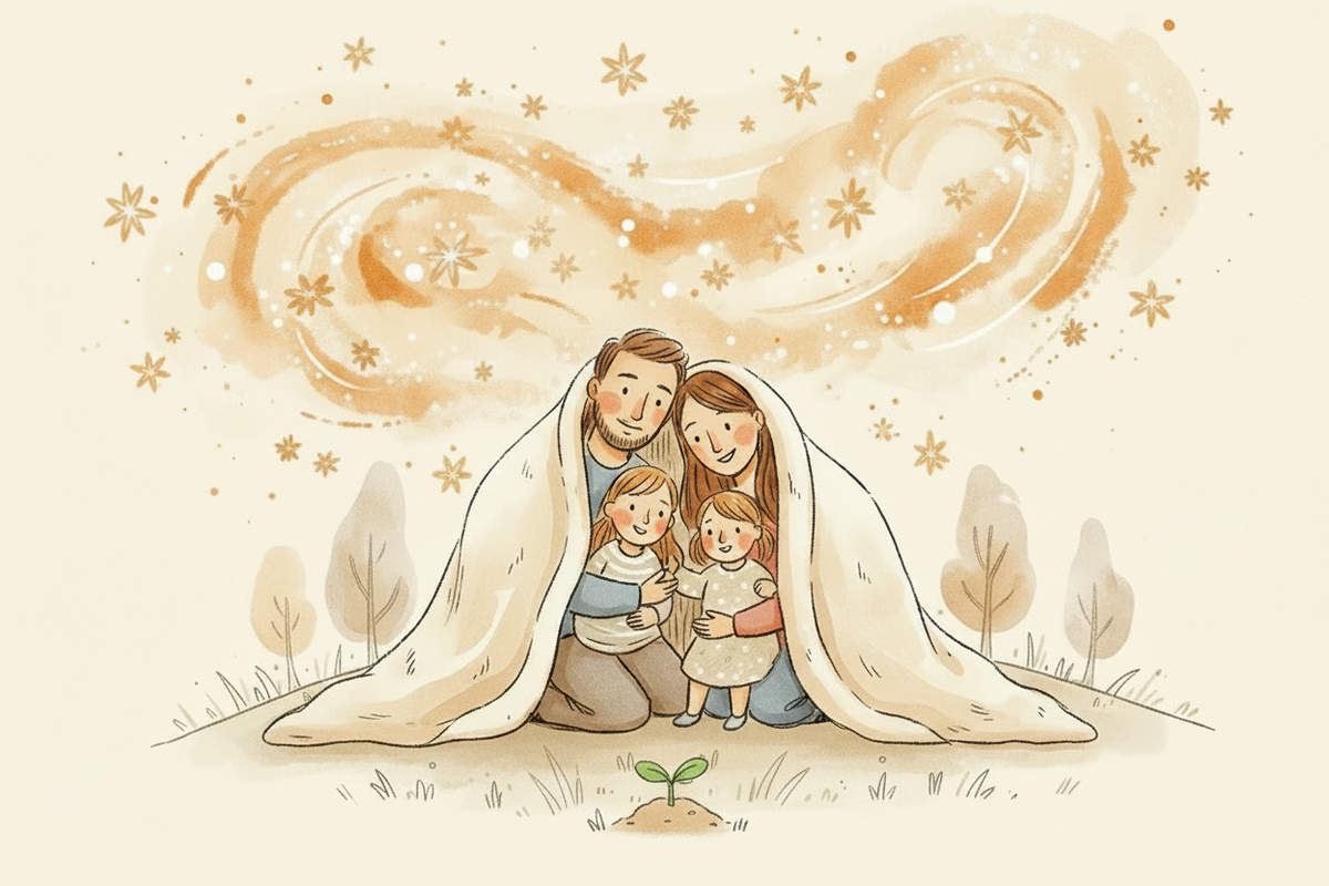 Stargazing family with sprout and cream background